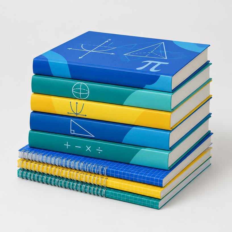 Stack of mathematics textbooks and exercise books